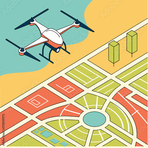 Modern drone flying over a stylized isometric city map with park areas and buildings illustrating aerial surveillance and urban planning concepts