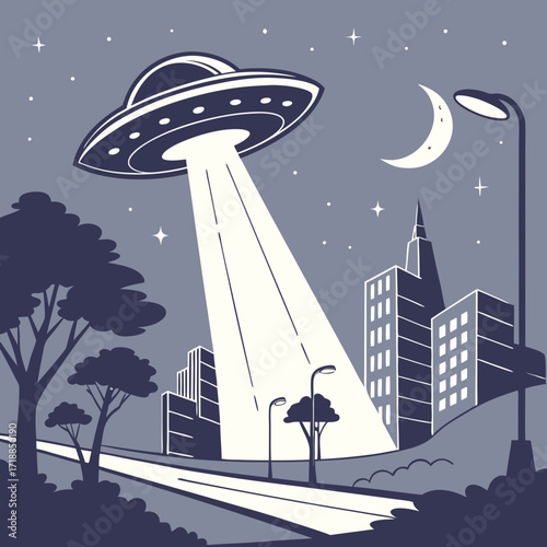 Retro style flying saucer ufo hovering over a city street at night with a bright beam of light shining down illuminating buildings and trees
