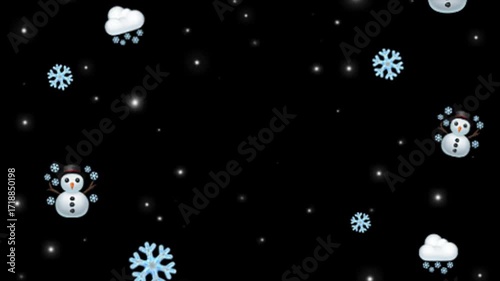 Christmas snowman flakes snow animated overlay in black background 4k video
