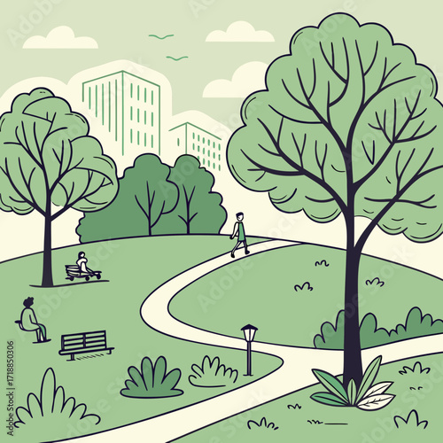 Serene urban park scene with winding paths lush green trees benches and people enjoying outdoor activities amidst city buildings in the background