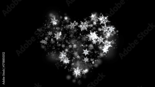 Christmas snow flakes heart shape animation overlay in black background 4k video