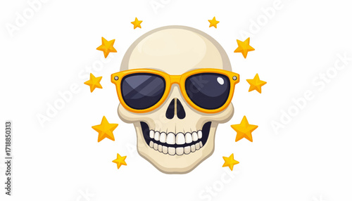 Vibrant cartoon skull illustration featuring trendy sunglasses and sparkling golden stars, perfect for adding a touch of cool, fun, or celebratory flair to any design
