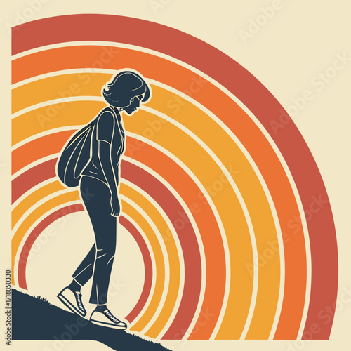 Silhouette of a young woman with a backpack walking uphill against a backdrop of vibrant retro sunset colored concentric arcs