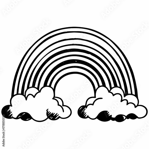 Simple hand drawn black and white outline of a rainbow arching over two fluffy clouds on a white background representing hope and good luck