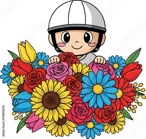 sweet child hiding amongst vibrant blooms a delightful cartoon, isolated on transparent background