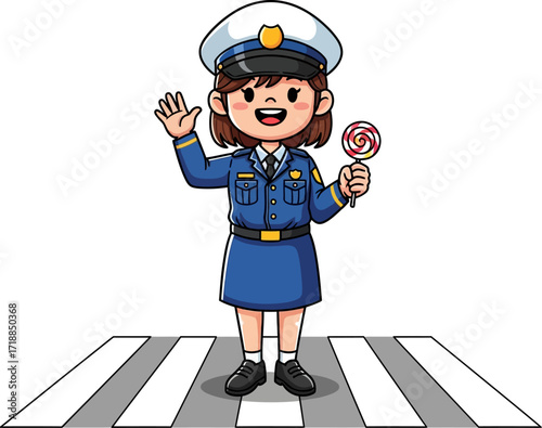 sweet safety junior police officer directs traffic, isolated on transparent background