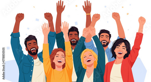 Diverse group of people celebrating with arms raised, expressing happiness and joy.