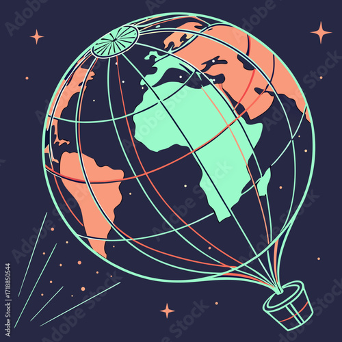 Stylized globe shaped like a hot air balloon soaring through the starry night sky with continents depicted in vibrant colors
