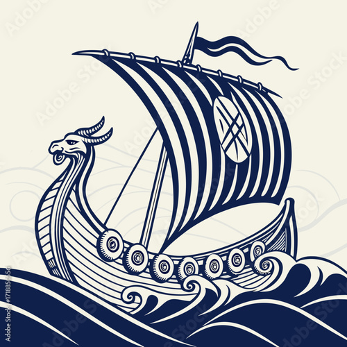 Stylized illustration of a dark blue viking longship with a dragon head prow sailing on choppy blue waves under a striped sail and a flag