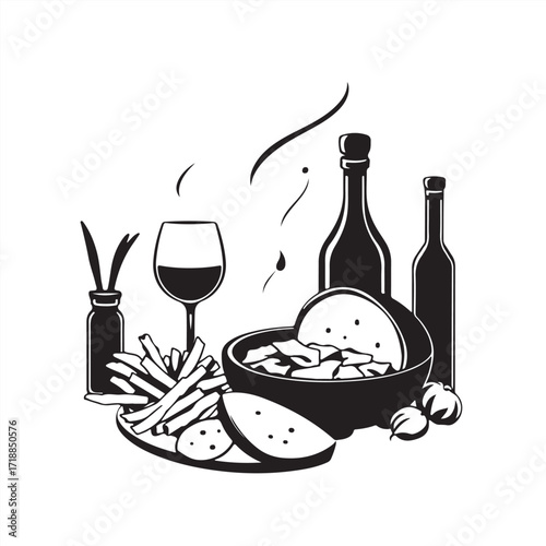 Isekai anime style illustration, classic black and white vector silhouette of Turkish food, elegant, expressive composition on a clean white background
