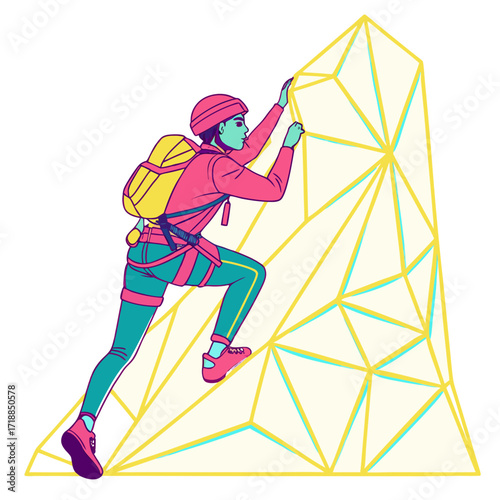 Stylized illustration of a determined climber ascending a geometric rock face wearing a helmet backpack and harness with vibrant pink teal and yellow colors