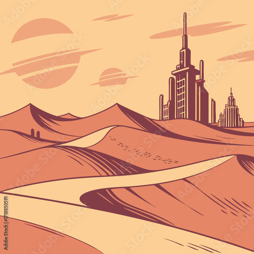 Stylized illustration of a futuristic desert landscape with towering skyscrapers and twin moons in a warm orange sky