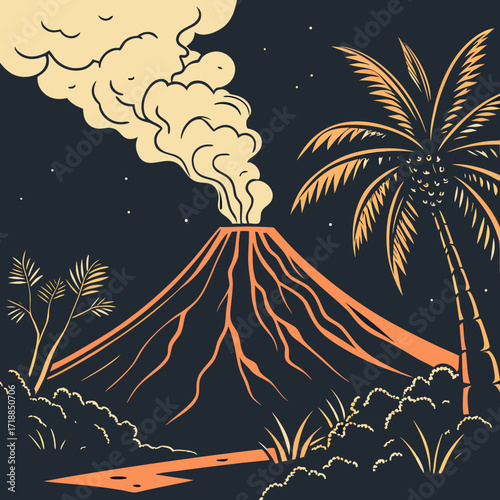 Stylized illustration of a smoking volcano erupting at night with palm trees and tropical foliage in the foreground under a starry sky