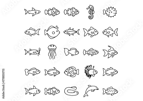 Under the Sea: 50 Fish Icons, Monochrome Marine Life Icons, A School of Vector Fish