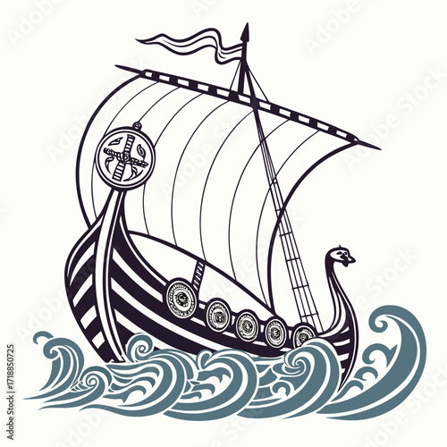 Stylized illustration of a traditional viking longship sailing on stylized ocean waves with a dragon head prow and a striped sail