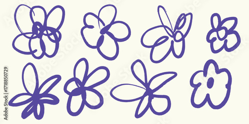 Italian style Abstract Flower Shapes hand drawn vector illustrations in grunge chalk or charcoal rough doodle sketch style.