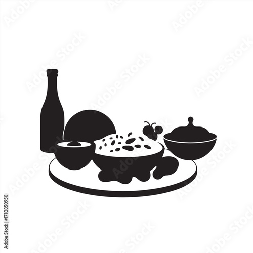 Modern flat design vector silhouette of Turkish food on a white background, timeless, elegant, simple, two-dimensional shapes, classic black and white