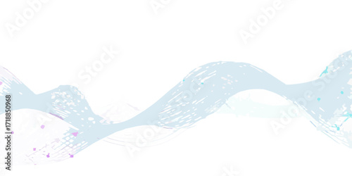 Abstract flowing ribbon of light blue and white with purple and cyan speckles against a black background