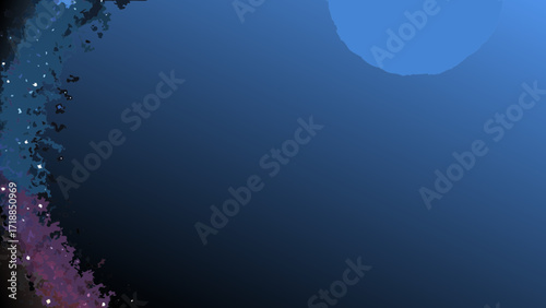 Abstract cosmic nebula with glowing stars and a large celestial body in deep blue space