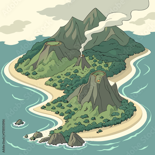 Stylized isometric illustration of a lush green tropical island with two volcanoes one actively smoking and the other dormant with a crater rim