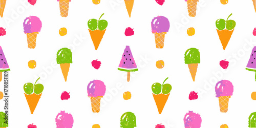 Seamless pattern of colorful hand drawn ice cream cones and fruit shapes on a white background