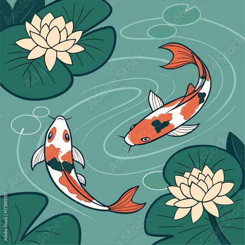 Two vibrant orange and white koi fish swim gracefully among lush green lily pads and delicate white water lilies in a tranquil pond