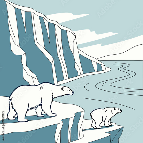 Two polar bears stand on an icy cliff overlooking a winding river in a serene arctic landscape with snow covered mountains in the background