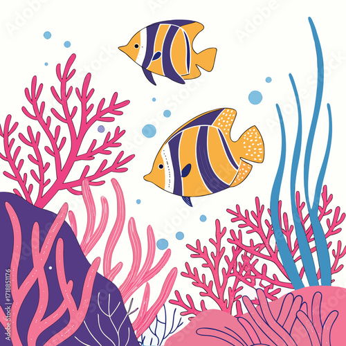 Two vibrant yellow and purple striped angelfish swim gracefully through a colorful coral reef with pink and blue underwater plants and small blue bubbles