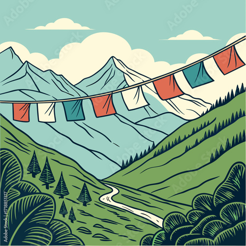 Vibrant prayer flags flutter across a serene mountain valley with a winding road leading towards snow capped peaks under a cloudy sky