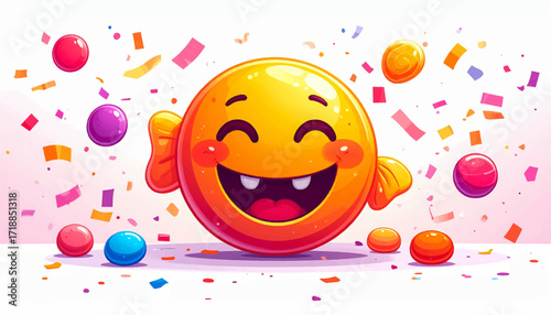 Cheerful Animated Candy Emoji Celebrating with Confetti, Joyful Expression, Festive Fun