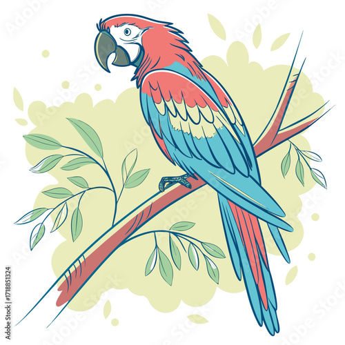 Vibrant scarlet macaw parrot perched on a branch with lush green leaves and soft yellow cloud background illustration