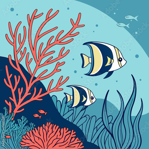 Vibrant underwater scene with colorful coral reefs diverse fish species swimming in clear blue ocean water and aquatic plants creating a lively marine ecosystem
