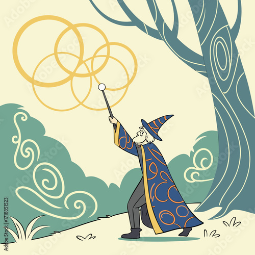 Whimsical elderly wizard with a long white beard wearing a blue robe and pointed hat conjures golden rings in a magical forest setting