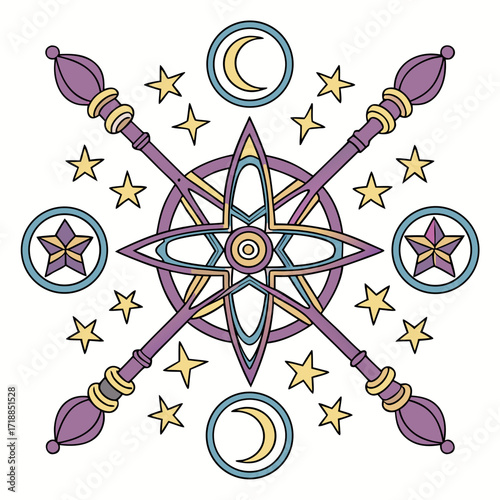 Whimsical celestial mandala design featuring a central starburst four magical wands crescent moons and scattered stars in pastel colors