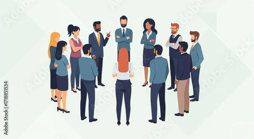 A diverse group of people in business attire stand in a circle, discussing ideas.