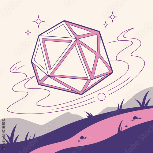 Whimsical icosahedron die floats magically above a stylized landscape with rolling hills and a winding path evoking fantasy and adventure