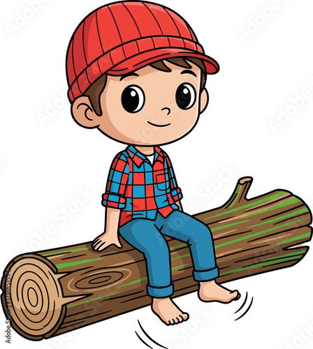 the peaceful log a cartoon boys serene moment, isolated on transparent background