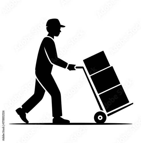 A black and white vector silhouette of a man in work uniform and a cap, pushing a hand truck (dolly) loaded with three boxes