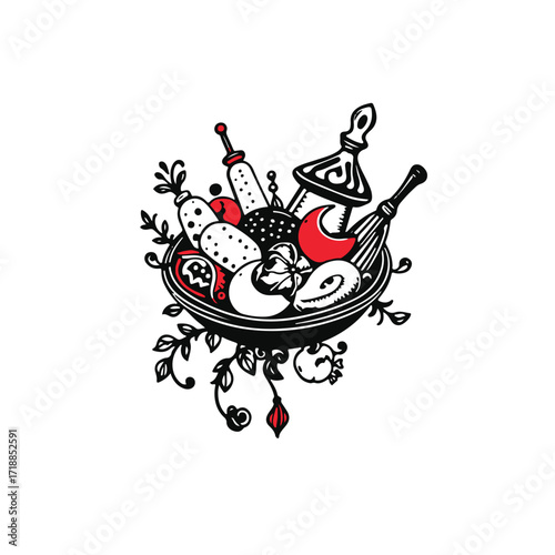 Symbolic traditional tattoo art print, black and white vector silhouette of Turkish food on a white background.