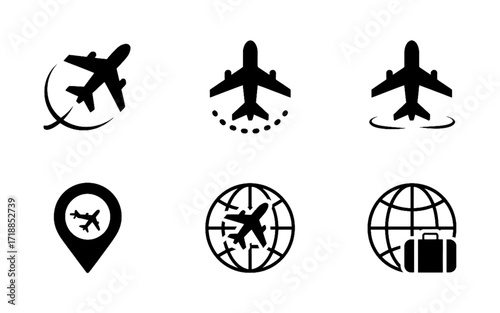 A collection of eight minimalist black vector icons related to travel, aviation, and logistics