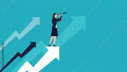 上昇矢印の上で望遠鏡を使って未来の目標を見据えるビジネスウーマン（青）　A businesswoman using a telescope to look toward future goals (blue)