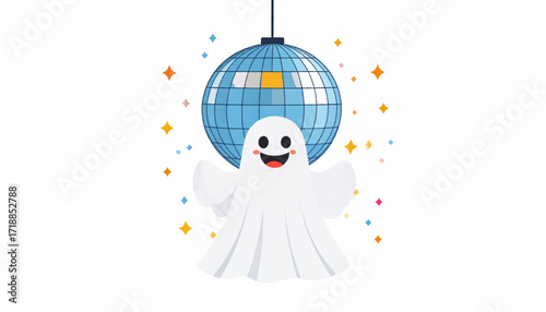 Cheerful ghost character having a lively disco party, dancing happily under a sparkling mirror ball with colorful confetti and festive lights, creating a fun atmosphere