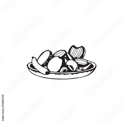 Timeless and elegant, a hand-drawn sketch in classic black and white vector style, a silhouette of Turkish food with rough lines and textured pencil strokes on a white background.