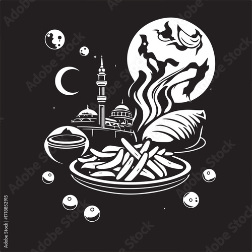 Vector art, Turkish food, futuristic sci-fi style, classic black and white, timeless, elegant, advanced technology, space elements.
