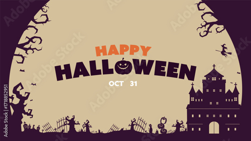 不気味な森のシルエットで飾られたハロウィン背景テンプレート（紫）　Halloween background template decorated with silhouettes of an eerie forest (purple)