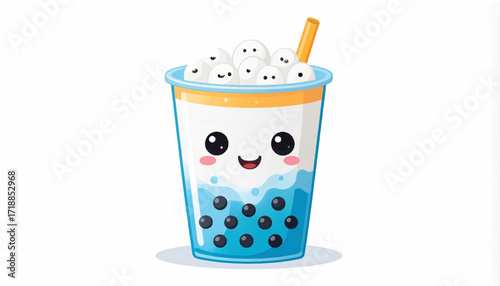 Whimsical cartoon bubble tea illustration with a cheerful, friendly face, featuring refreshing blue liquid, dark tapioca pearls, and fluffy white topping, a delightful and sweet beverage design