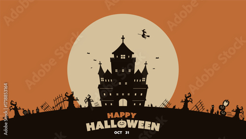 お化け屋敷と月で飾られたハロウィン背景テンプレート（オレンジ）　Halloween background template decorated with haunted house and moon (orange)