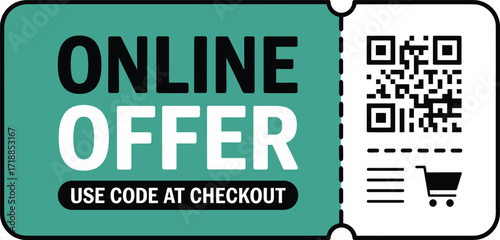 Digital online offer coupon with qr code and shopping cart icon for e-commerce promotion