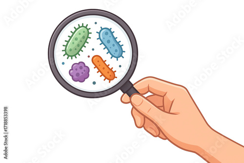 hand holding magnifying glass. A magnifying glass is zooming in on an animation of viruses and bacteria. health concept