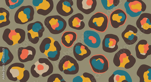 Colorful abstract leopard print pattern on a muted olive background.
